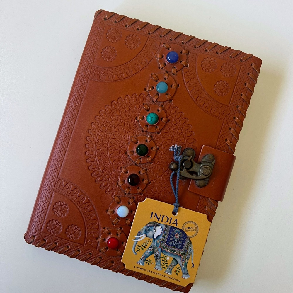 World Traveler India Leather Journal Chakra Stones Metal Clasp Lined Pages
